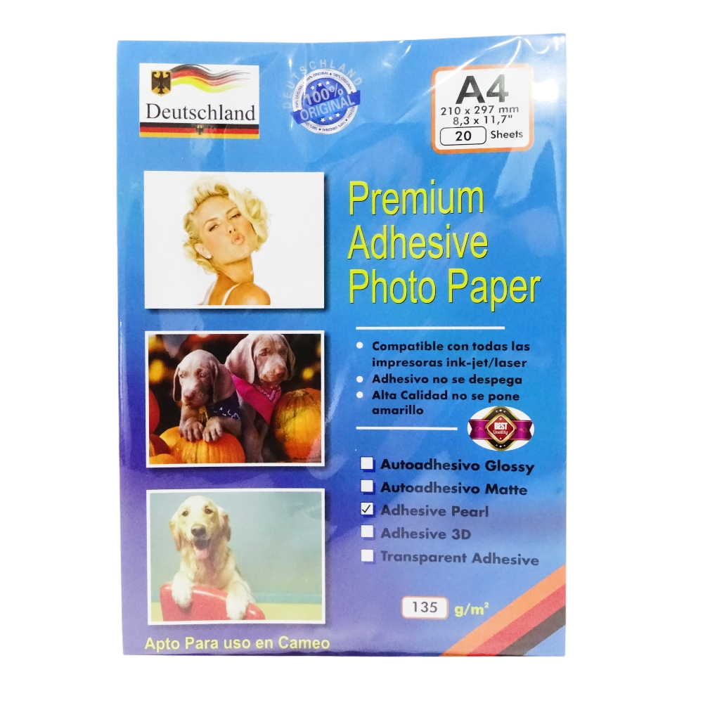 PAPEL FOTOGRÁFICO ADHESIVO PERLADO 20 HOJAS 135GR - ALEMÁN – Insumos