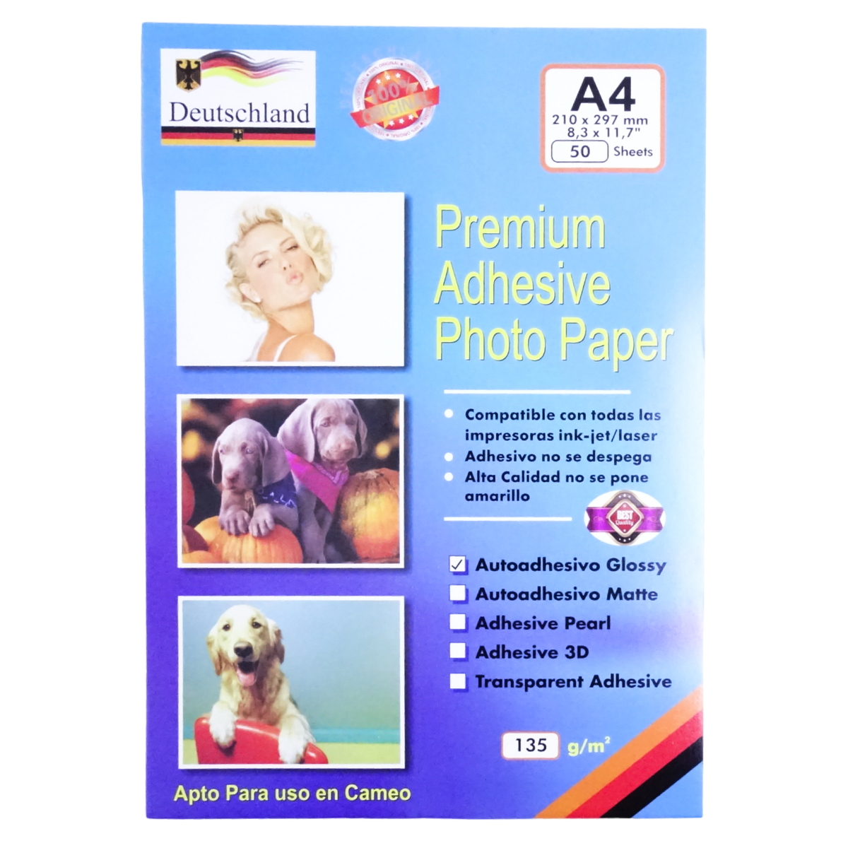 PAPEL FOTOGRÁFICO ADHESIVO GLOSSY 50 HOJAS 135GR - ALEMÁN – Insumos con